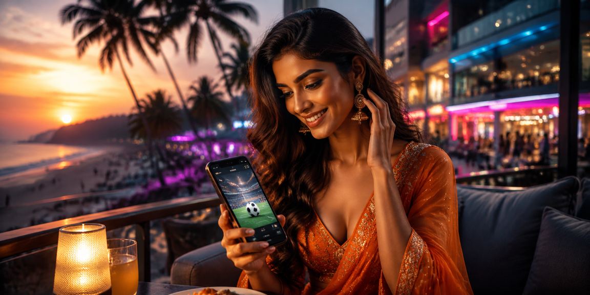 Football betting live stream shown on mobile with beach background in Goa